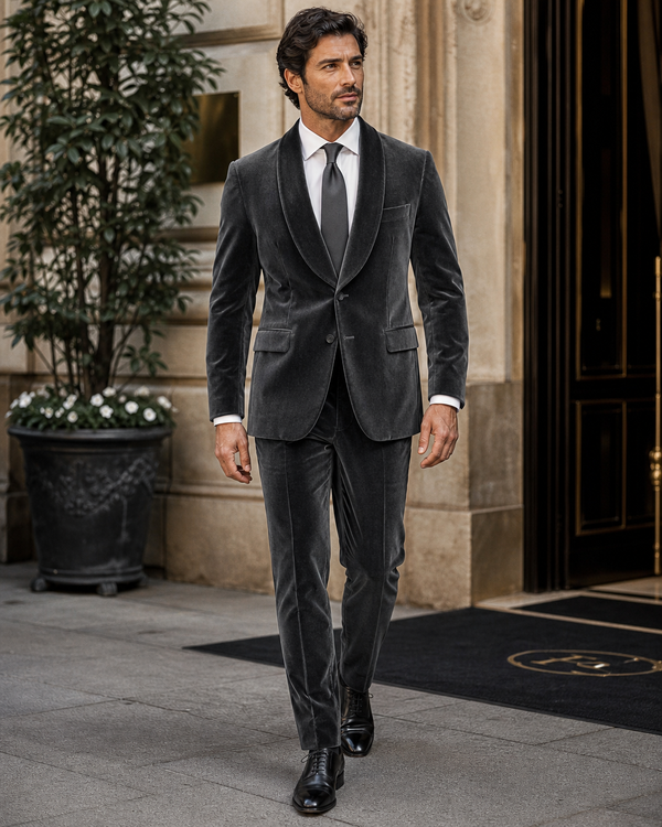 Charcoal Gray Velvet Shawl Lapel Suit — Custom Made to Measure