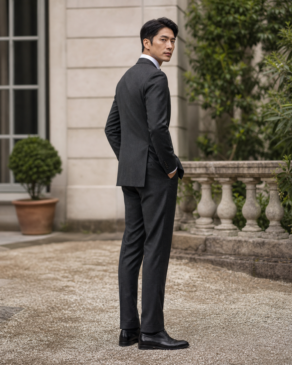 Charcoal Gray Wool Outdoor Wedding Suit — Custom Made to Measure side back view
