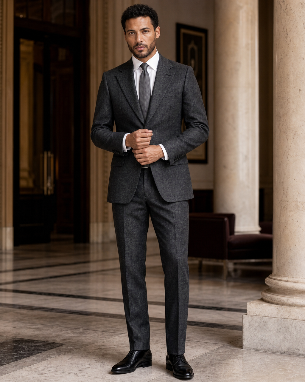 Charcoal Grey Herringbone Winter Suit - Custom Made to Measure front view