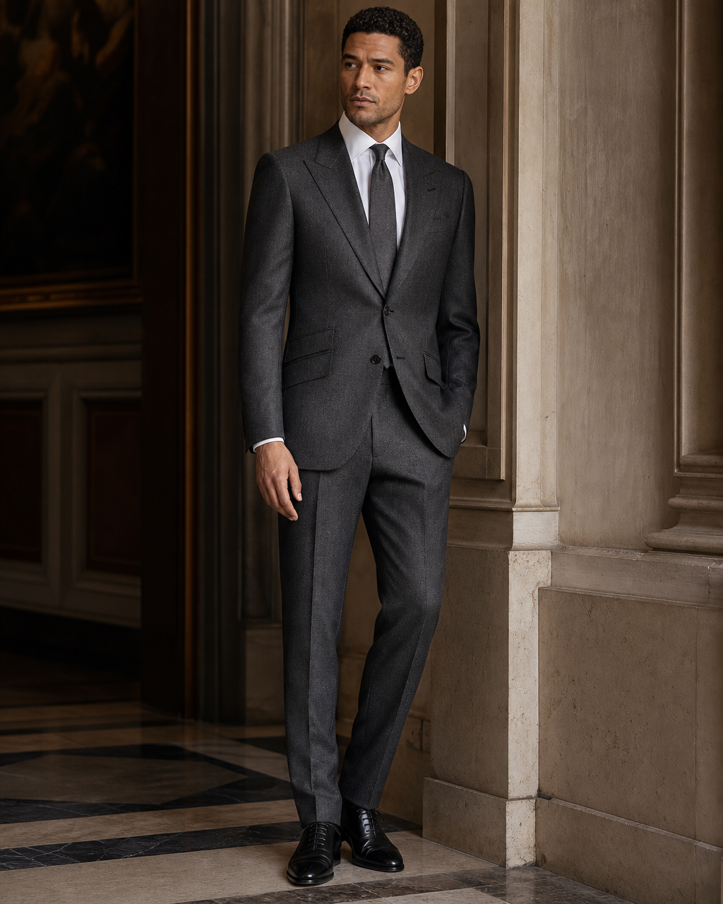 Charcoal Grey Herringbone Winter Suit - Custom Made to Measure side back view