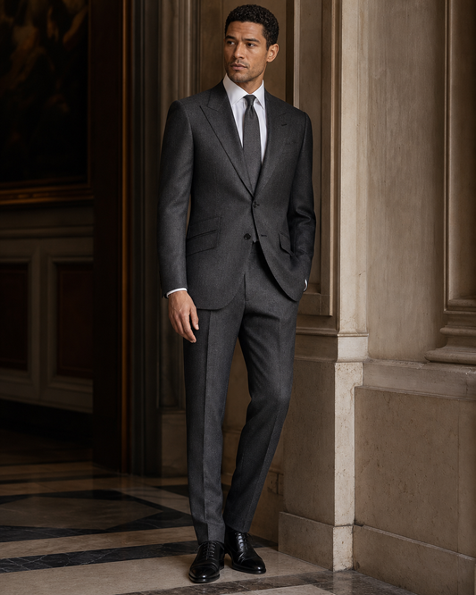 Charcoal Grey Herringbone Winter Suit - Custom Made to Measure side back view
