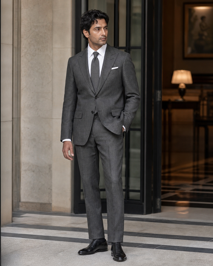 Charcoal Grey Linen Outdoor Wedding Suit - Custom Made to Measure side back view
