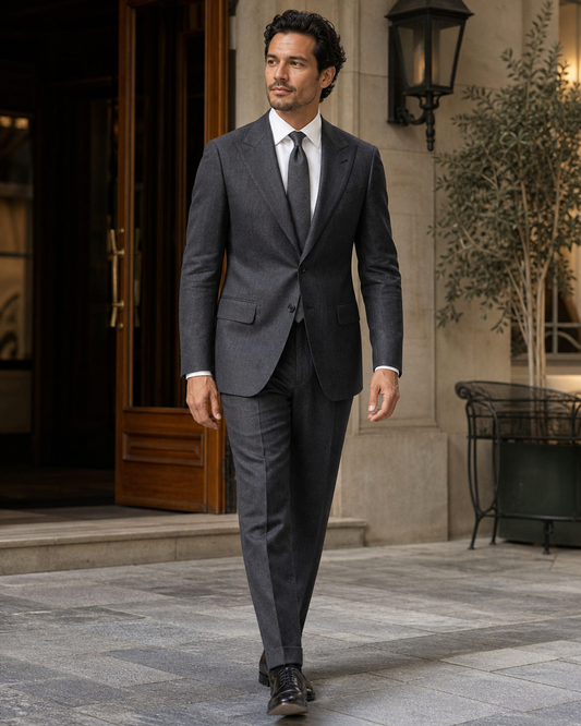 Charcoal Grey Linen Peak Lapel Suit - Custom Made to Measure front view