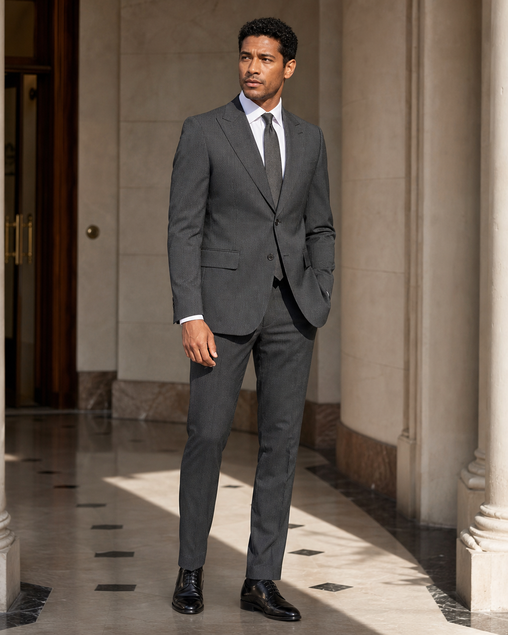 Charcoal Grey Seersucker Beach Wedding Suit - Custom Made to Measure side back view