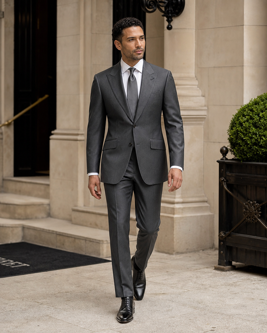 Charcoal Grey Silk Blend Peak Lapel Suit - Custom Made to Measure front view