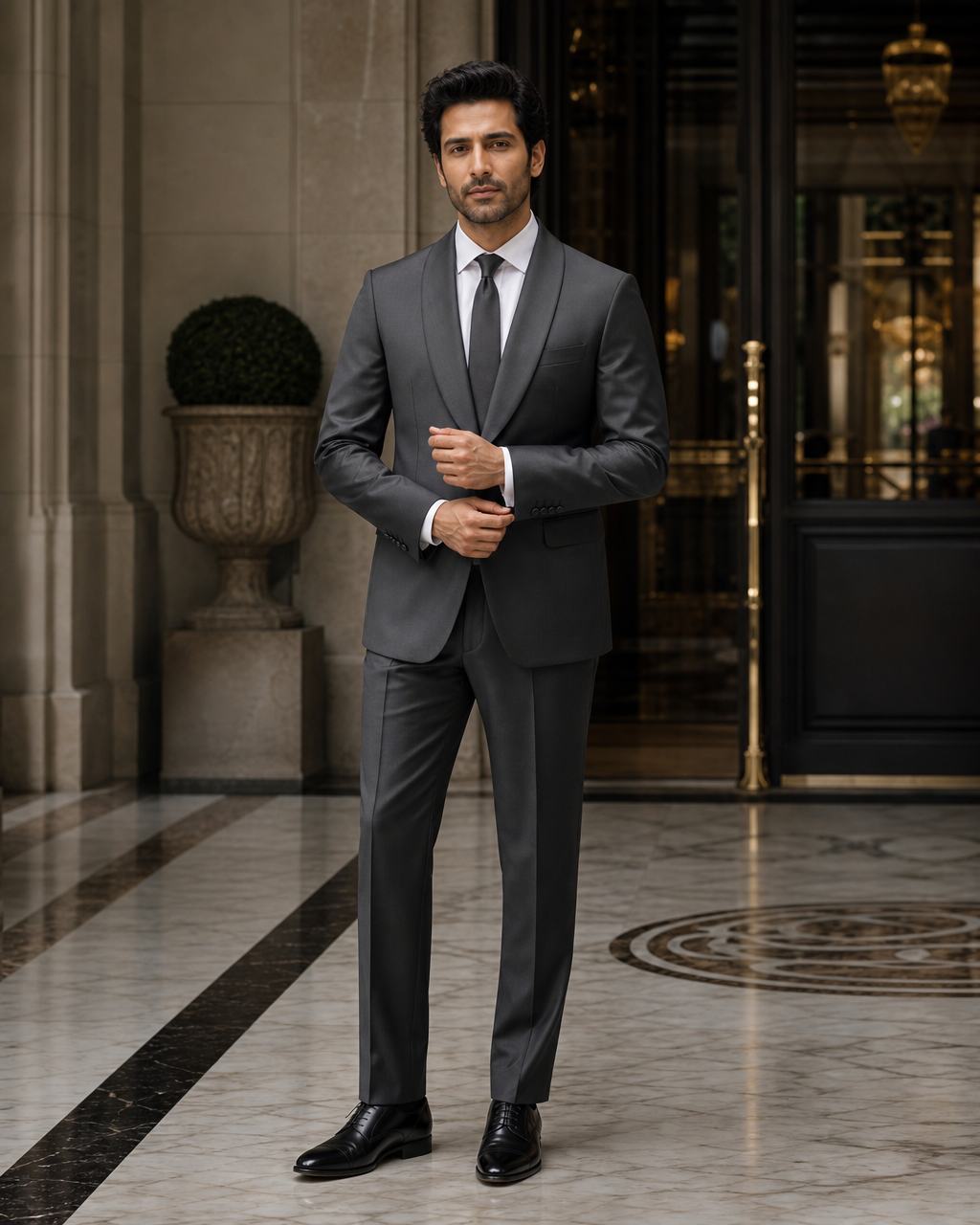 Charcoal Grey Silk Blend Shawl Lapel Suit - Custom Made to Measure front view
