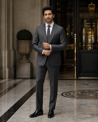 Charcoal Grey Silk Blend Shawl Lapel Suit - Custom Made to Measure front view