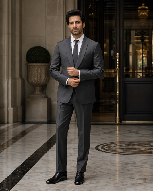 Charcoal Grey Silk Blend Shawl Lapel Suit - Custom Made to Measure front view