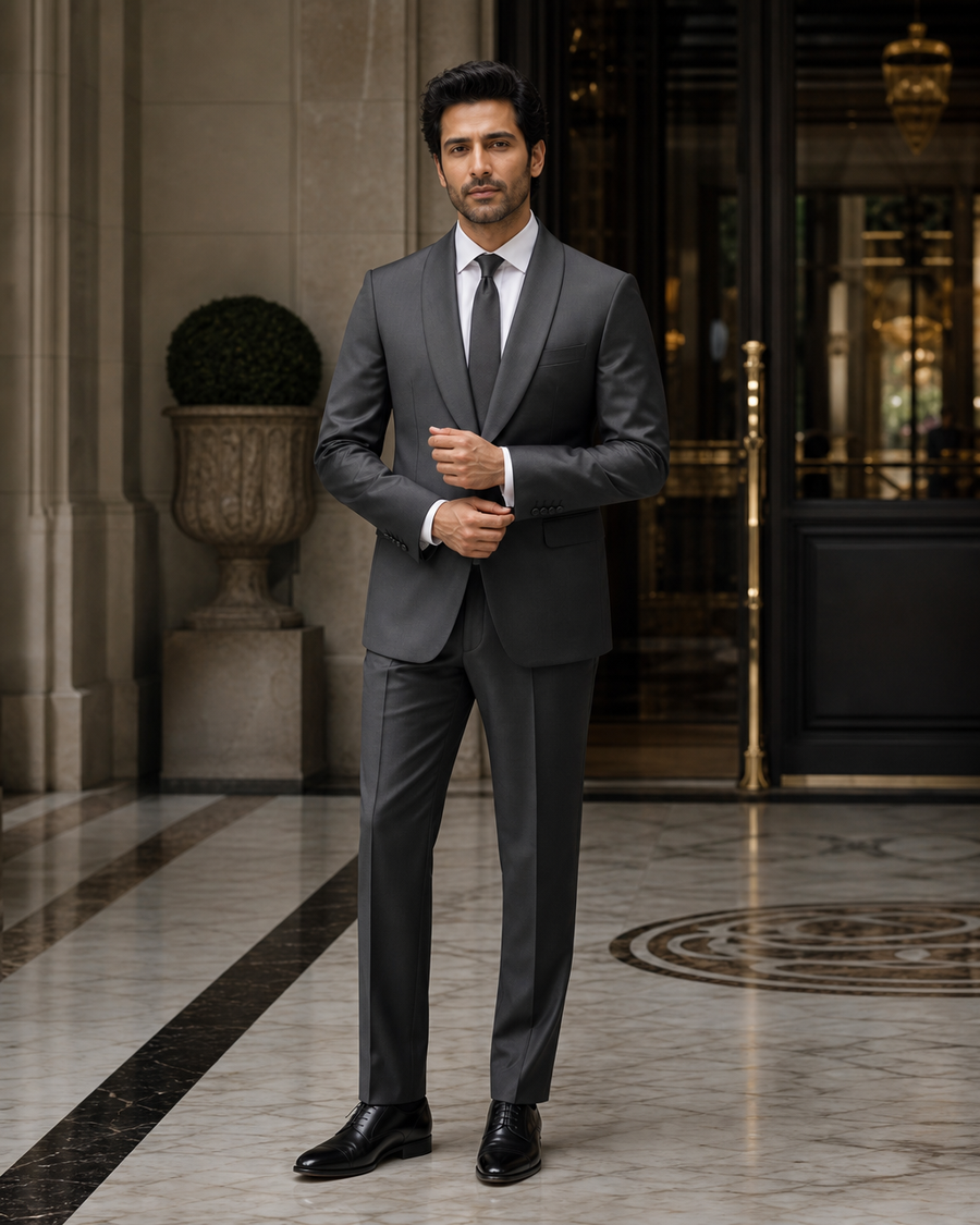Charcoal Grey Silk Blend Shawl Lapel Suit — Custom Made to Measure