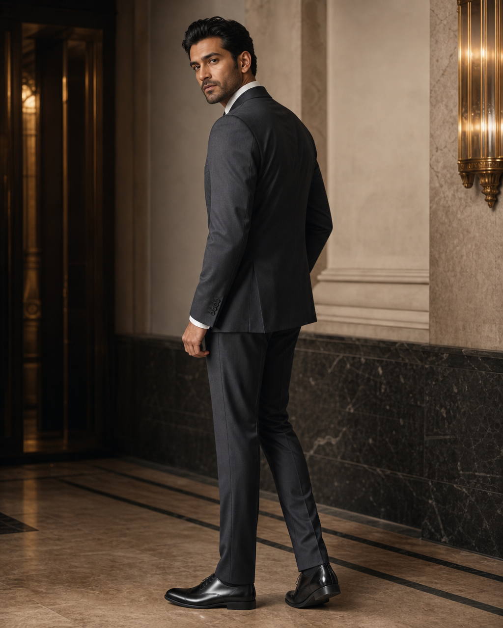 Charcoal Grey Silk Blend Shawl Lapel Suit - Custom Made to Measure side back view