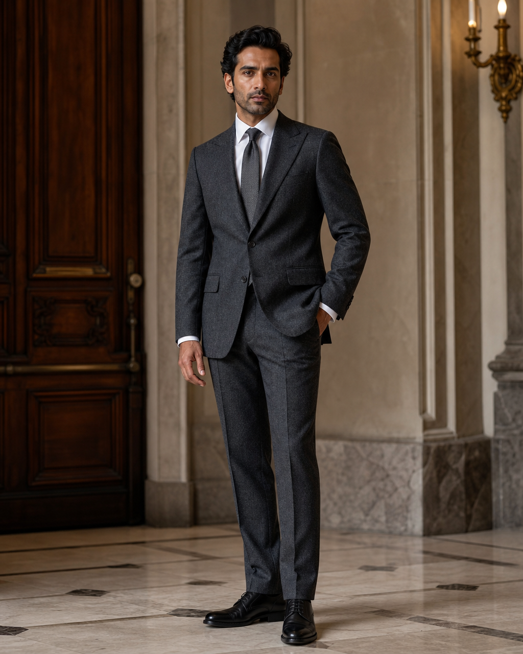 Charcoal Grey Tweed Winter Suit - Custom Made to Measure side back view
