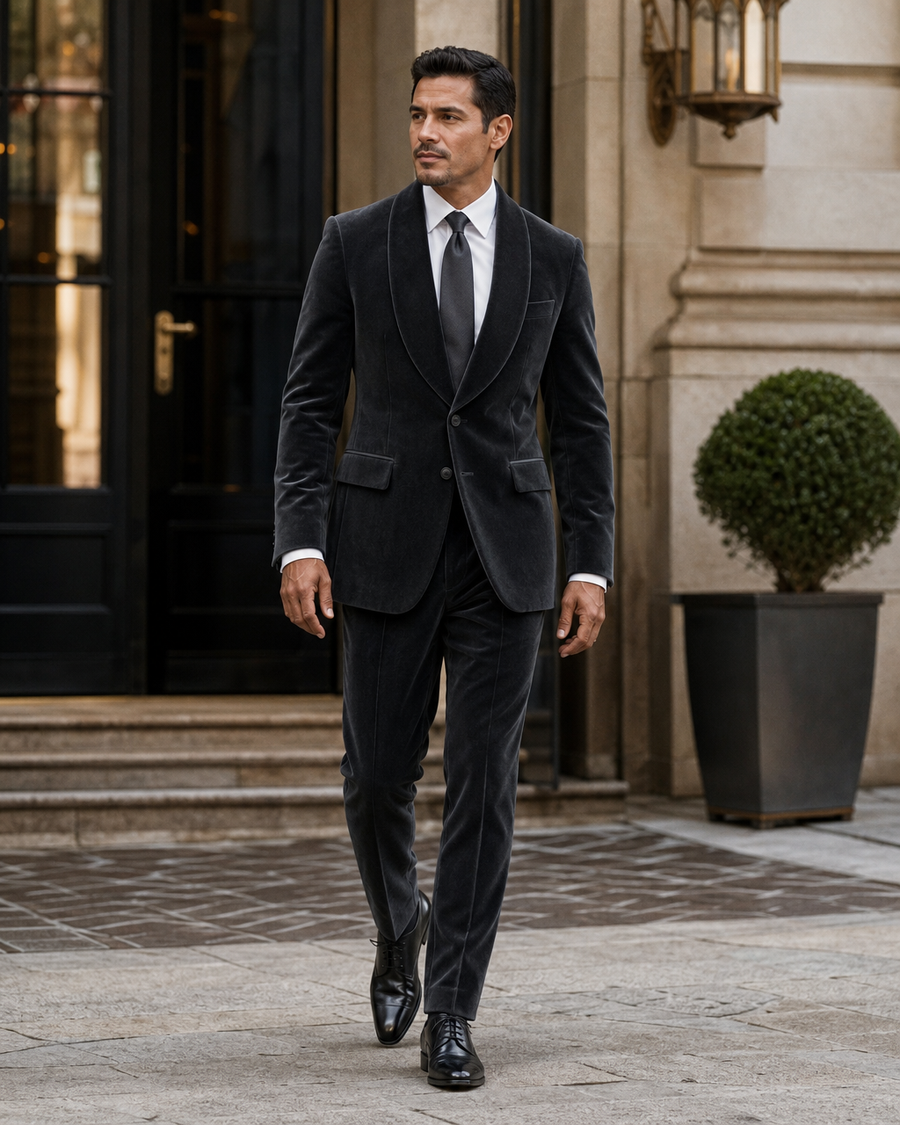 Charcoal Grey Velvet Shawl Lapel Suit — Custom Made to Measure