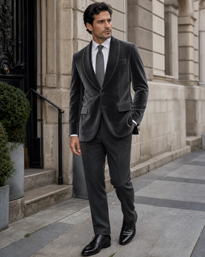 Charcoal Grey Velvet Shawl Lapel Suit — Custom Made to Measure — 3
