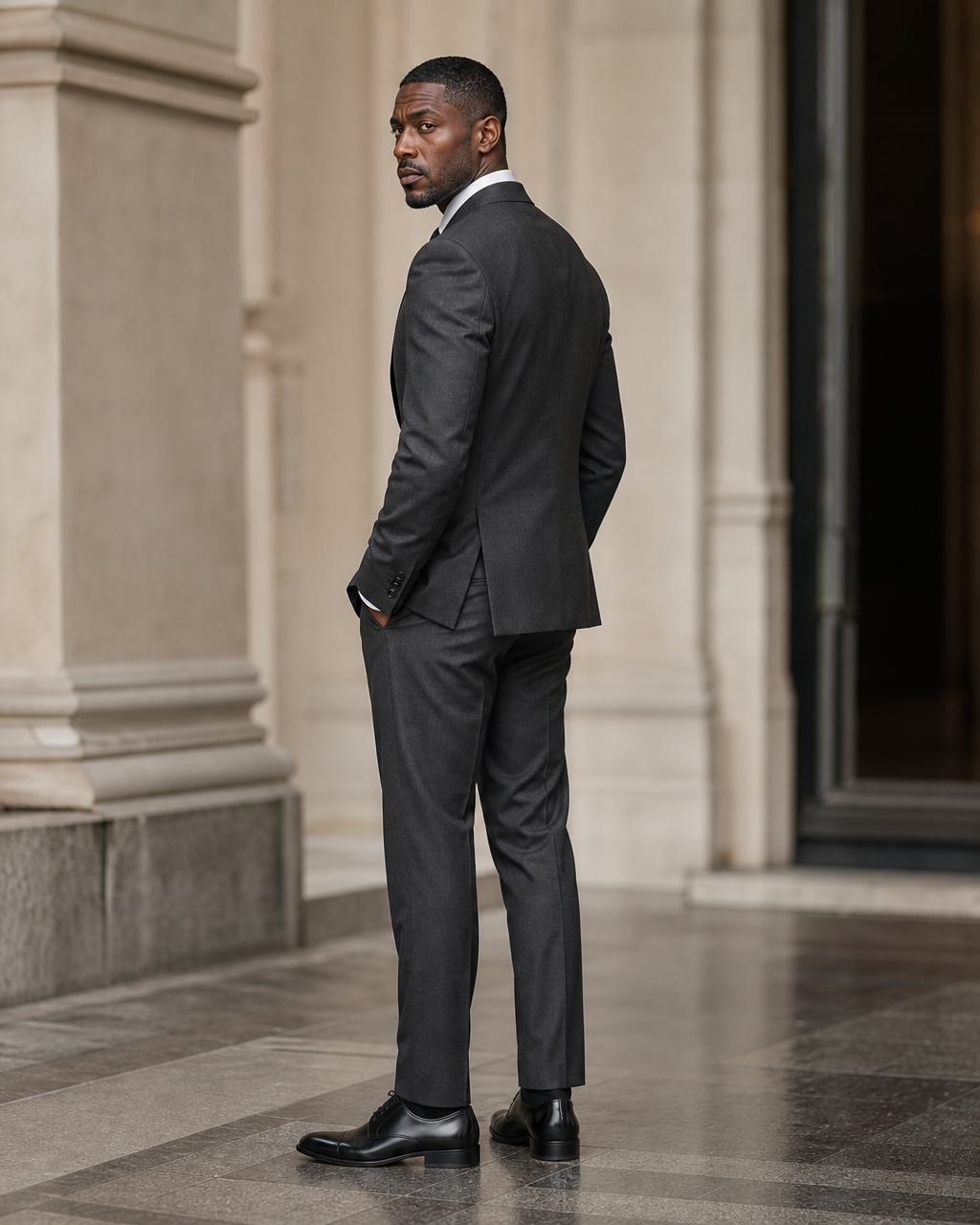 Charcoal Grey Wool Winter Suit - Custom Made to Measure side back view