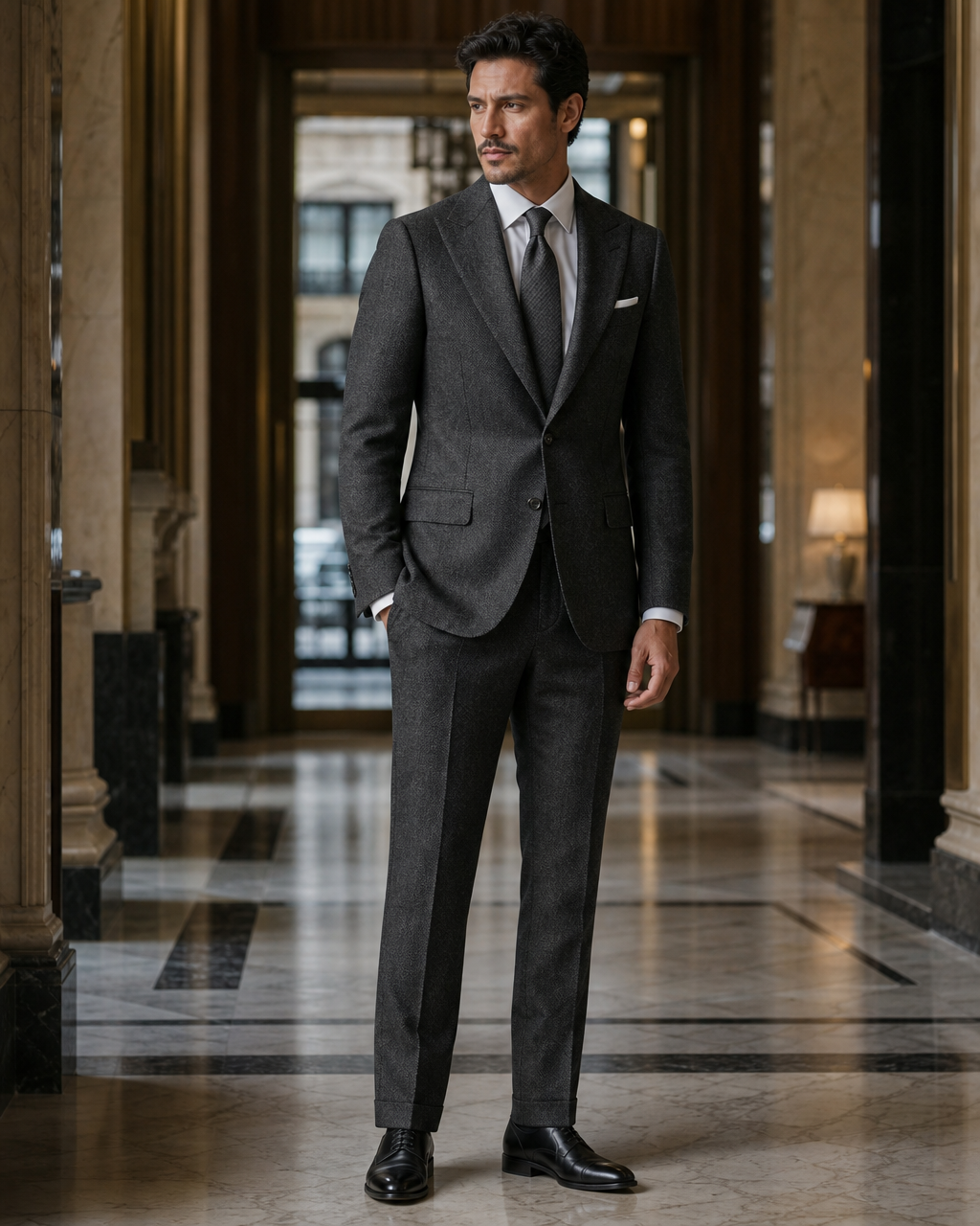 Charcoal Herringbone Winter Suit - Custom Made to Measure side back view