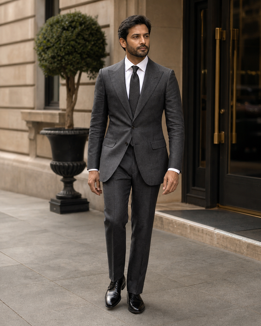 Charcoal Linen Peak Lapel Suit - Custom Made to Measure front view