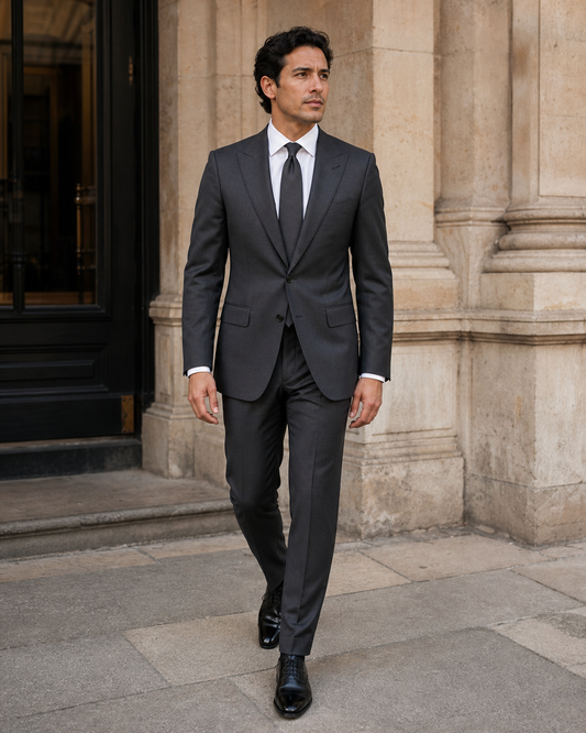 Charcoal Silk Blend Peak Lapel Suit - Custom Made to Measure front view
