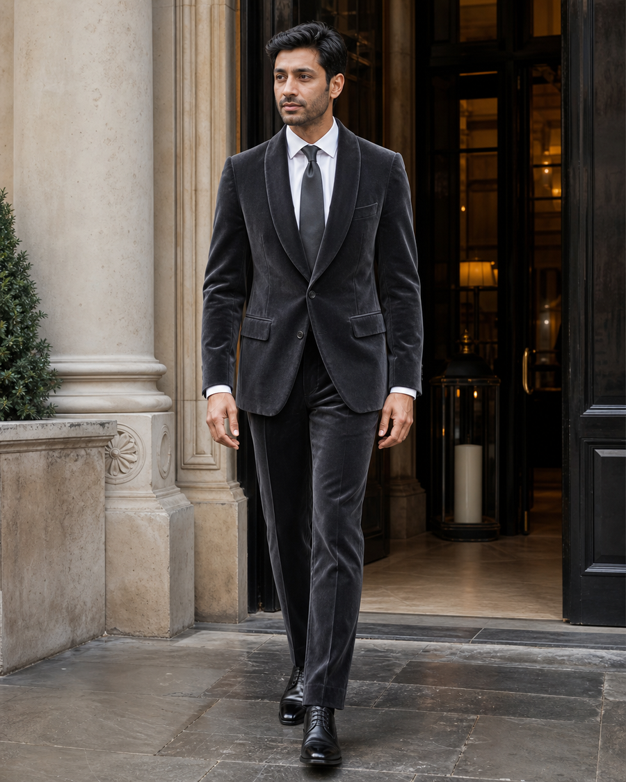 Charcoal Velvet Shawl Lapel Suit — Custom Made to Measure