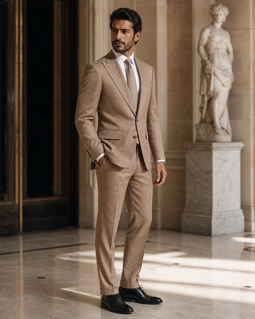 Clay Linen Beach Wedding Suit - Custom Made to Measure side back view