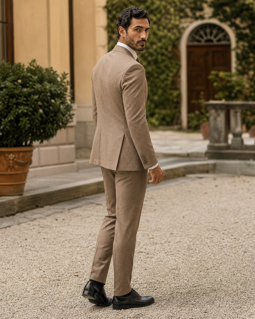 Clay Seersucker Outdoor Wedding Suit — Custom Made to Measure side back view