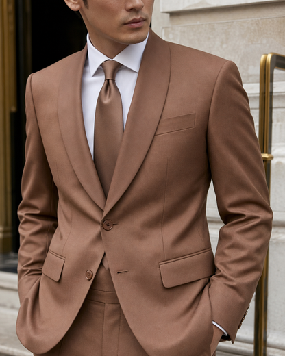 Clay Silk Blend Shawl Lapel Suit - Custom Made to Measure lapel chest close up