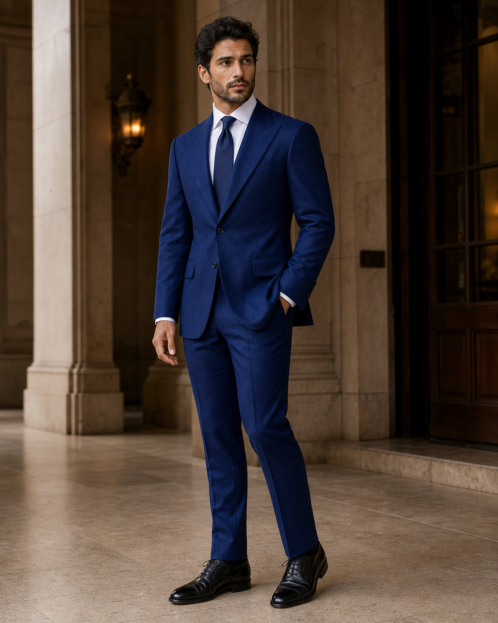 Cobalt Blue Flannel Winter Suit - Custom Made to Measure side back view