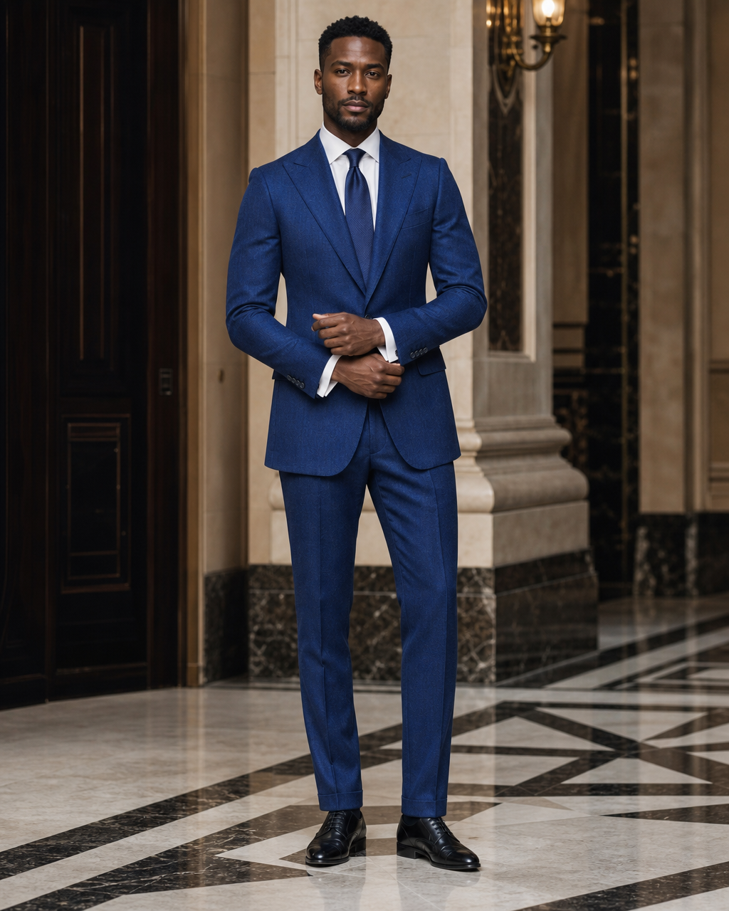 Cobalt Blue Herringbone Winter Suit - Custom Made to Measure front view