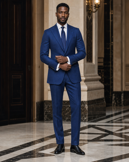Cobalt Blue Herringbone Winter Suit - Custom Made to Measure front view