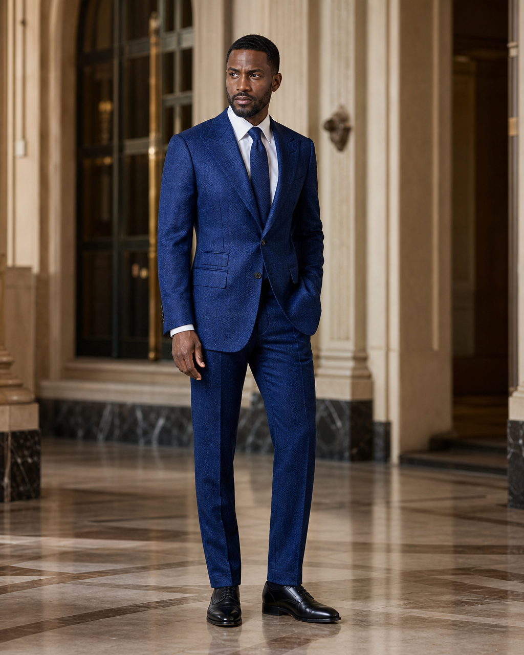 Cobalt Blue Herringbone Winter Suit - Custom Made to Measure side back view