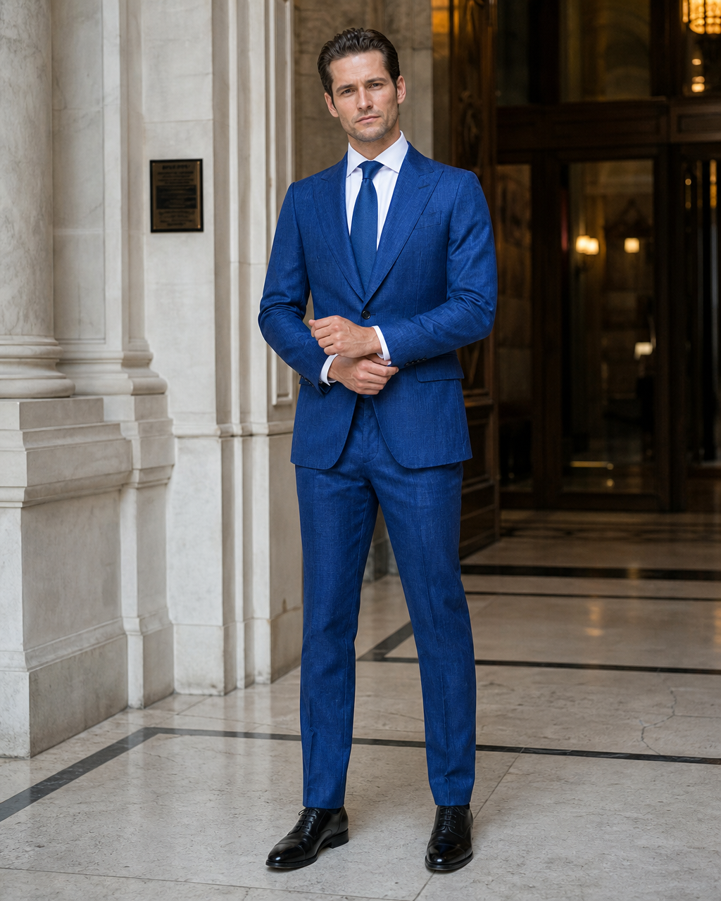Cobalt Blue Linen Beach Wedding Suit - Custom Made to Measure front view