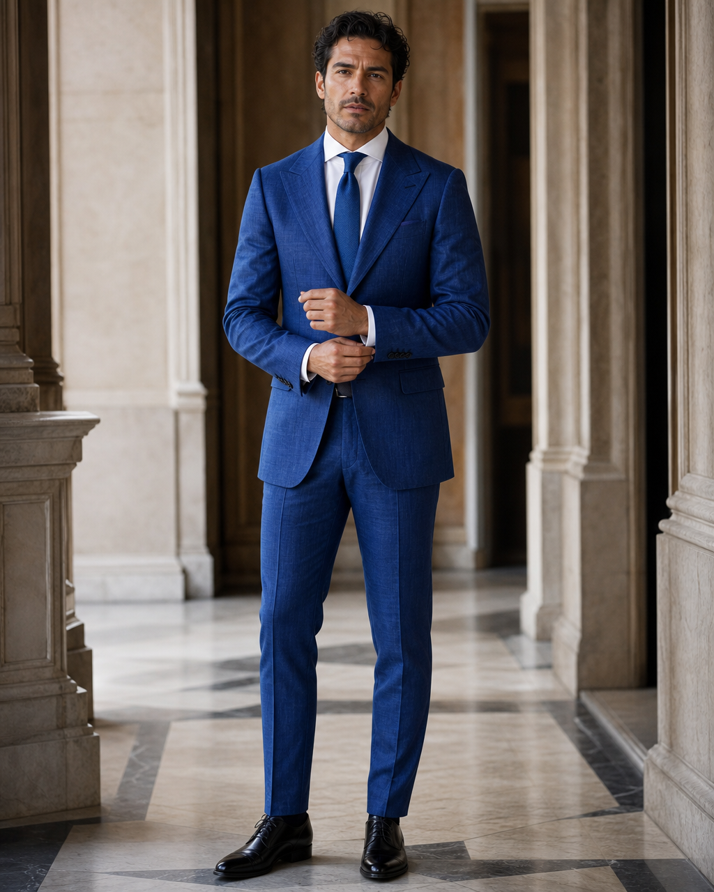 Cobalt Blue Linen Outdoor Wedding Suit - Custom Made to Measure front view