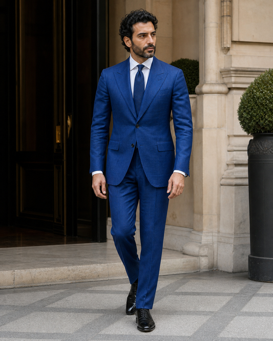 Cobalt Blue Linen Peak Lapel Suit - Custom Made to Measure front view