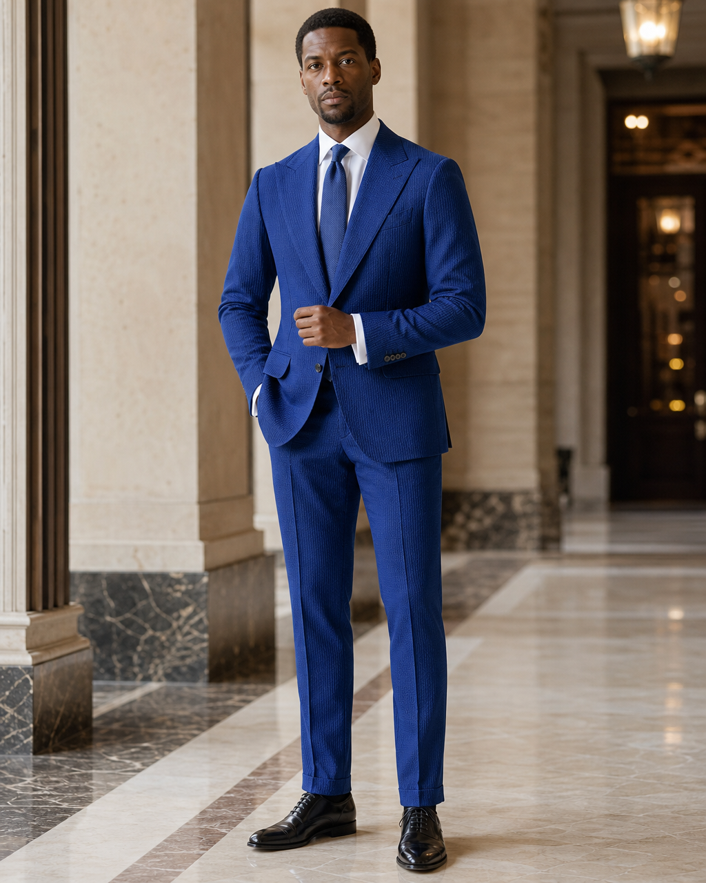 Cobalt Blue Seersucker Beach Wedding Suit - Custom Made to Measure front view
