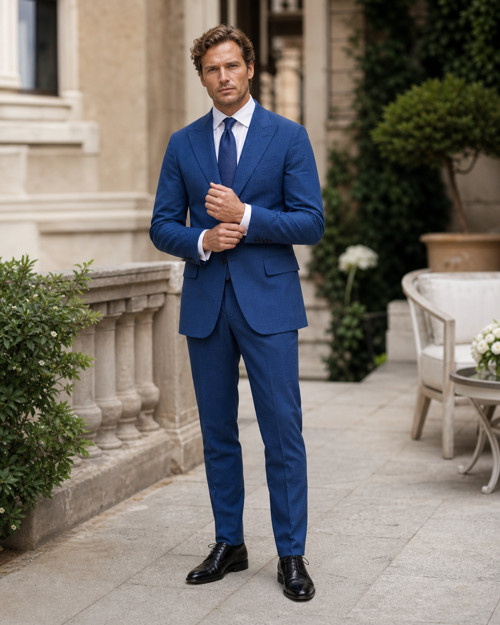 Cobalt Blue Seersucker Outdoor Wedding Suit — Custom Made to Measure front view