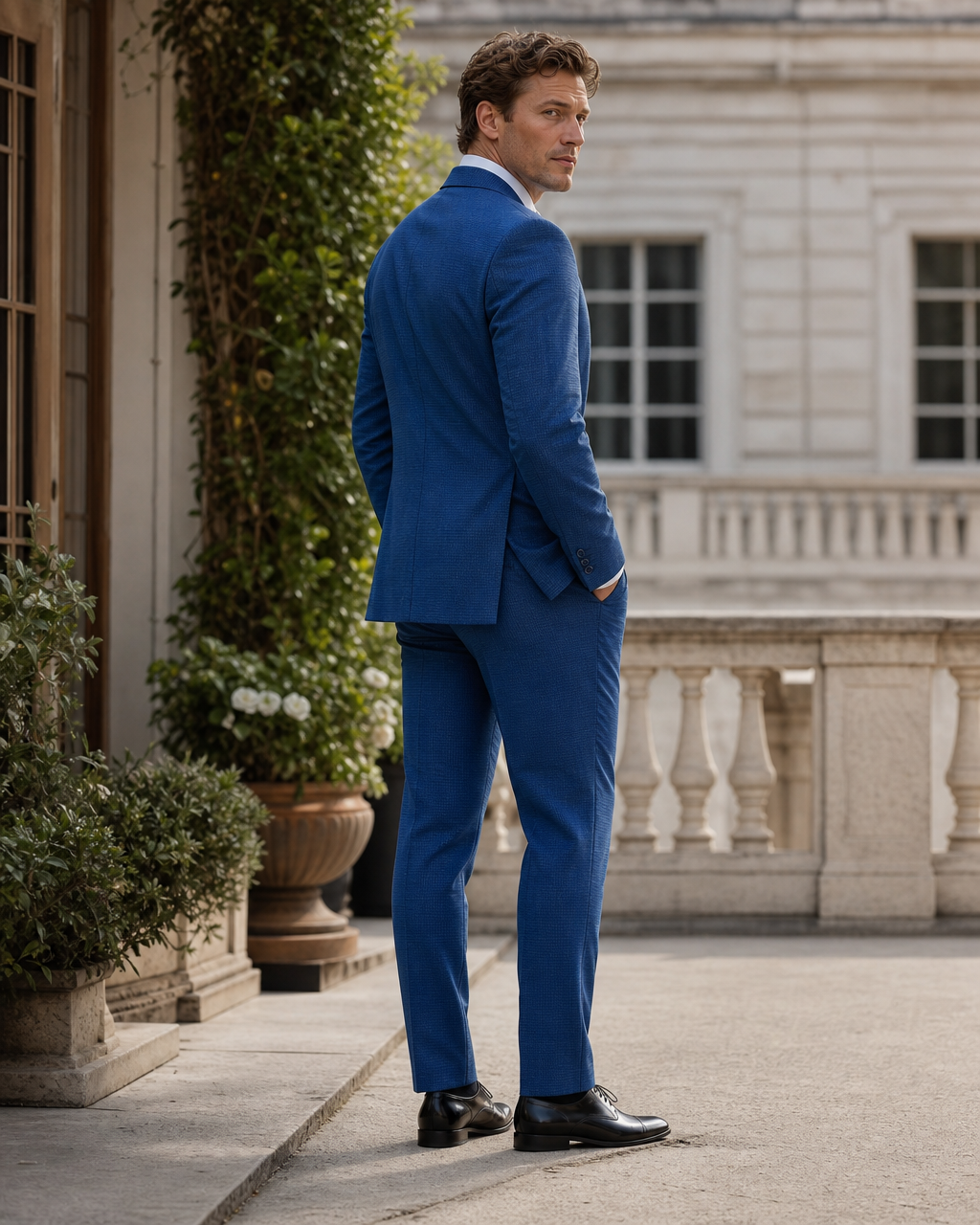 Cobalt Blue Seersucker Outdoor Wedding Suit — Custom Made to Measure side back view