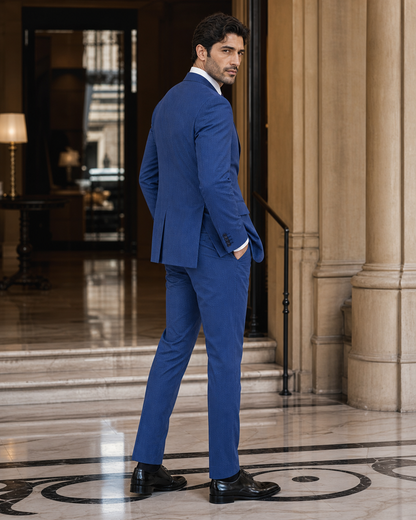 Cobalt Blue Seersucker Summer Suit - Custom Made to Measure side back view