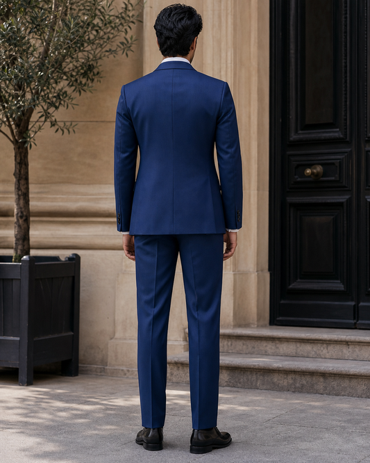 Cobalt Blue Silk Blend Peak Lapel Suit - Custom Made to Measure back view