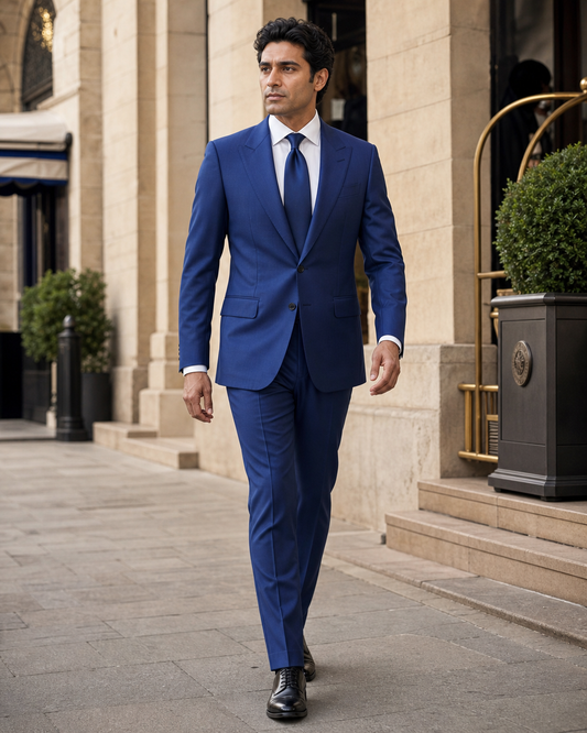 Cobalt Blue Silk Blend Peak Lapel Suit - Custom Made to Measure front view