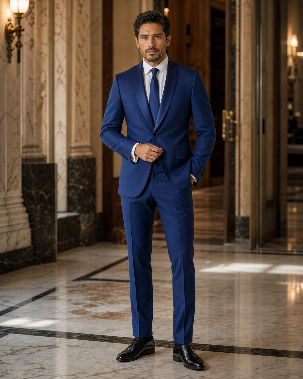 Cobalt Blue Silk Blend Shawl Lapel Suit - Custom Made to Measure front view