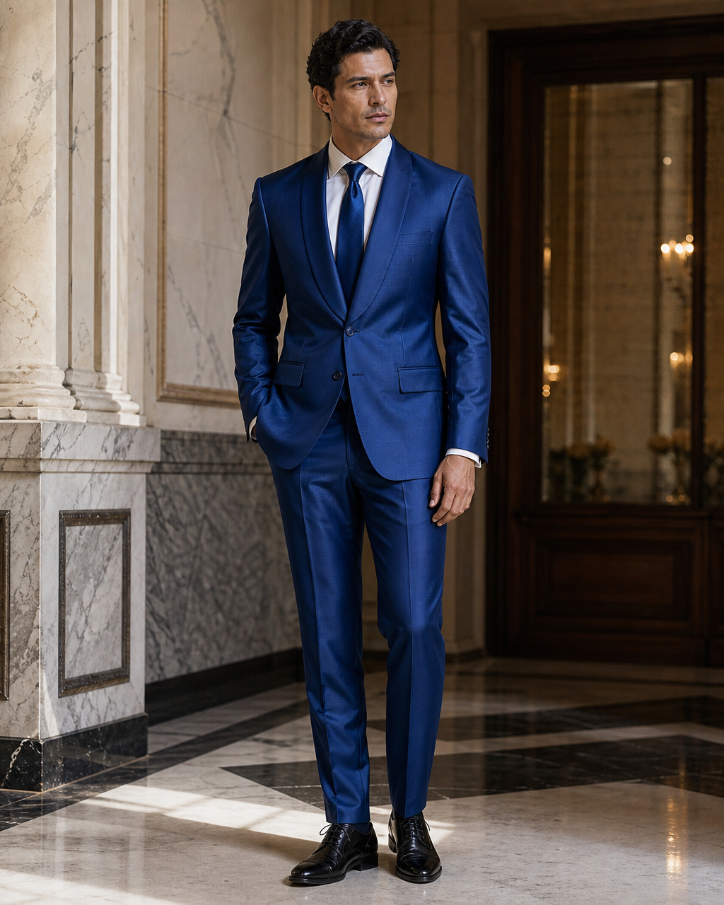 Cobalt Blue Silk Blend Shawl Lapel Suit - Custom Made to Measure side back view