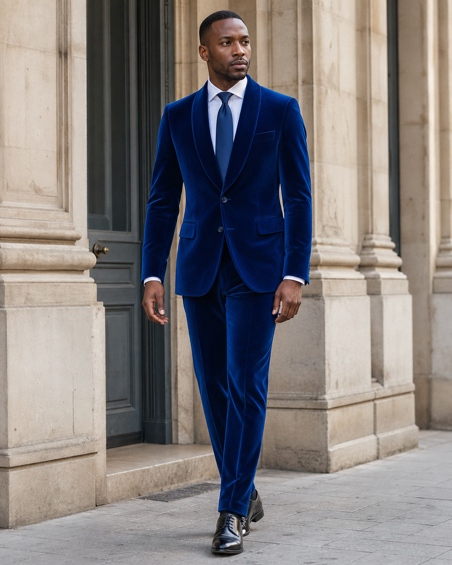 Cobalt Blue Velvet Shawl Lapel Suit — Custom Made to Measure