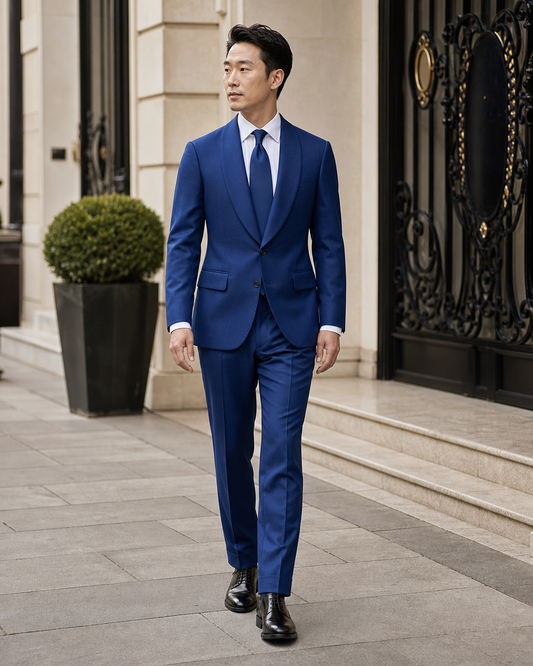 Cobalt Blue Wool Shawl Lapel Suit - Custom Made to Measure front view