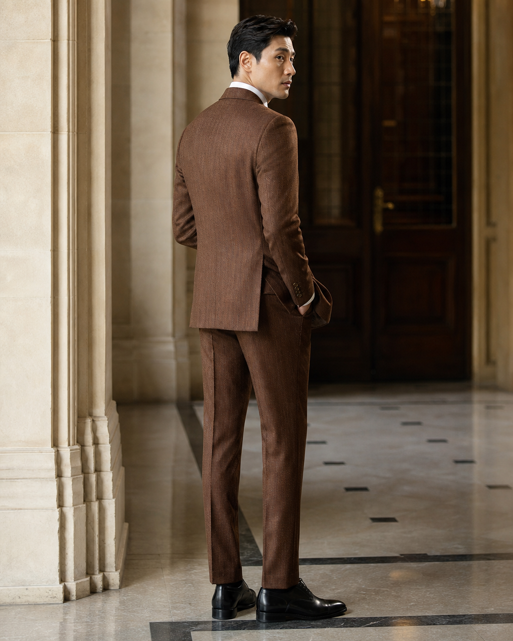 Copper Herringbone Winter Suit - Custom Made to Measure side back view