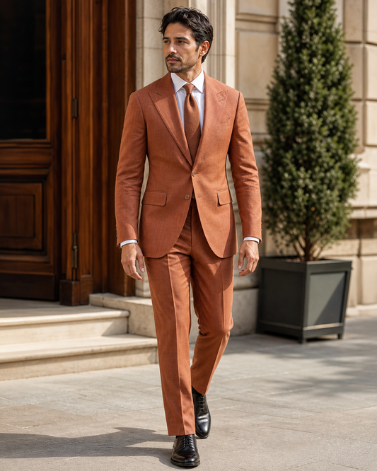 Copper Linen Peak Lapel Suit - Custom Made to Measure front view