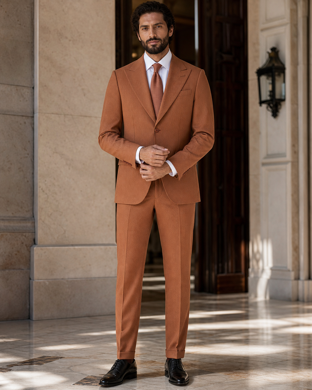 Copper Seersucker Beach Wedding Suit - Custom Made to Measure front view