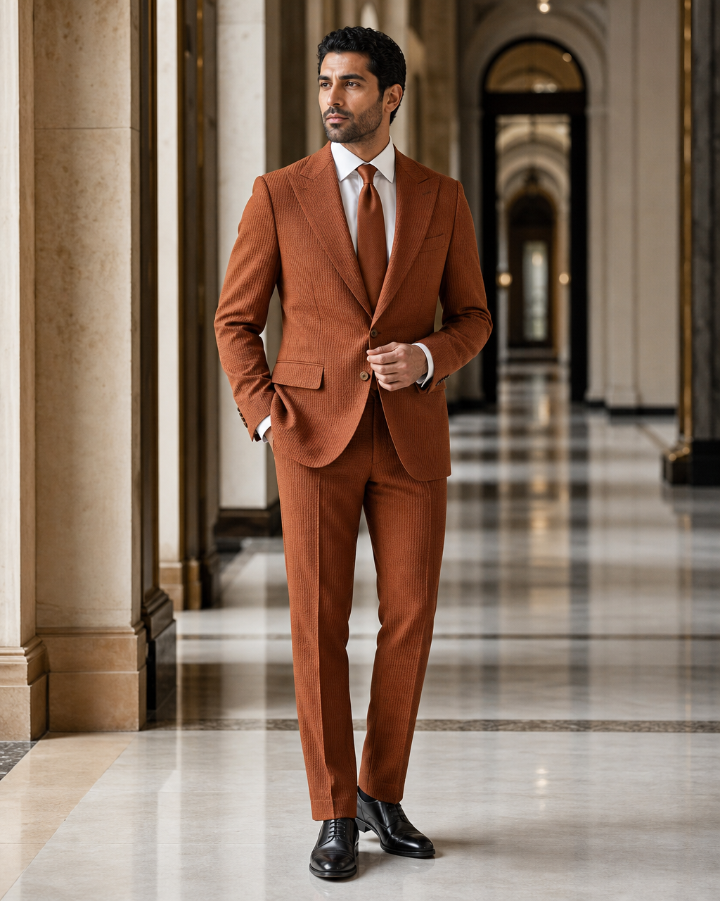Copper Seersucker Beach Wedding Suit - Custom Made to Measure side back view