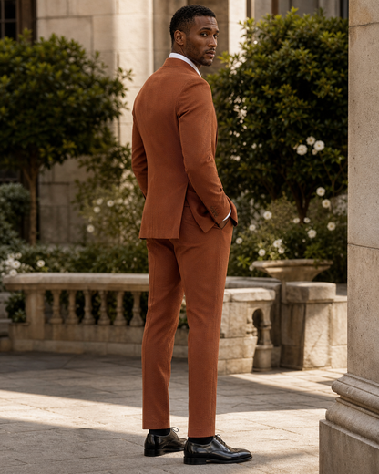Copper Seersucker Outdoor Wedding Suit — Custom Made to Measure side back view