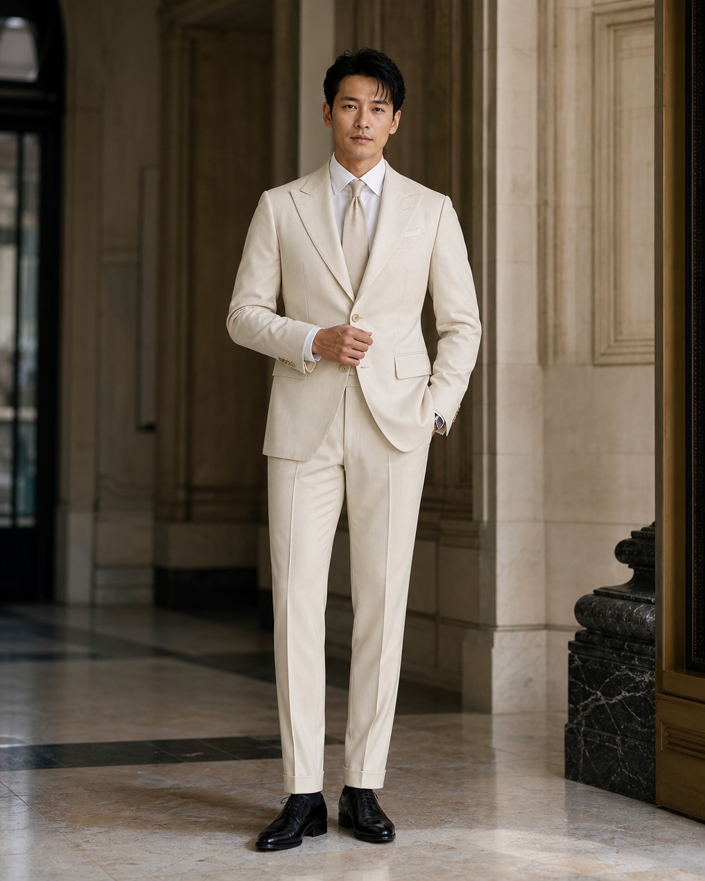 Cream Cotton Summer Suit - Custom Made to Measure front view