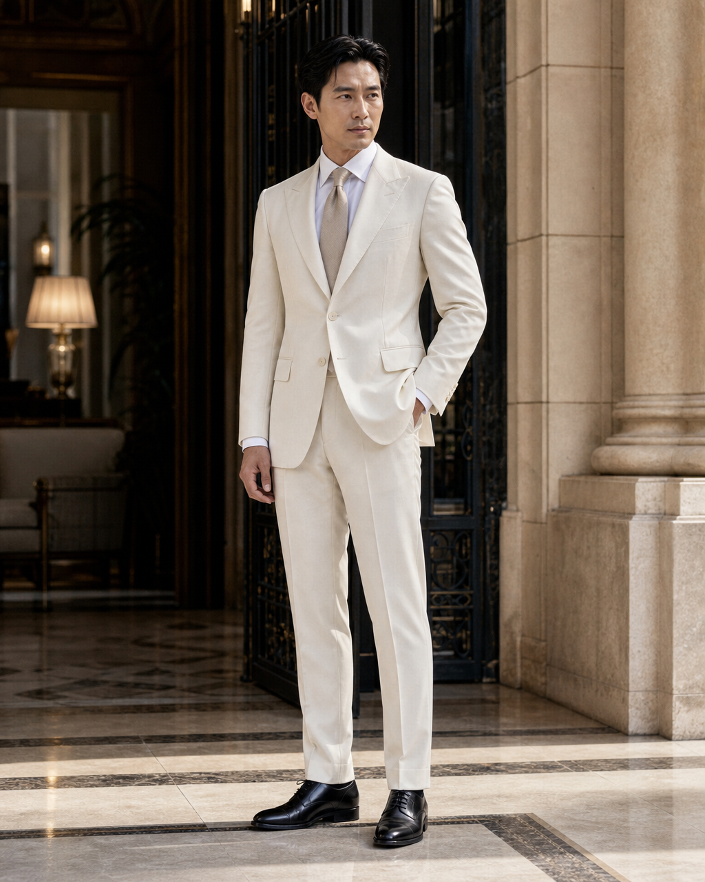 Cream Cotton Summer Suit - Custom Made to Measure side back view