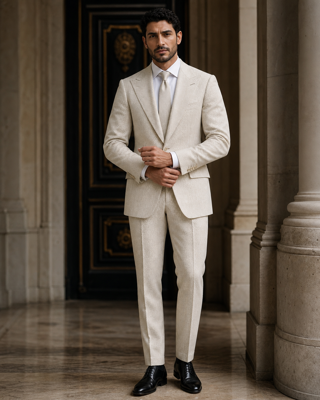 Cream Herringbone Winter Suit - Custom Made to Measure front view